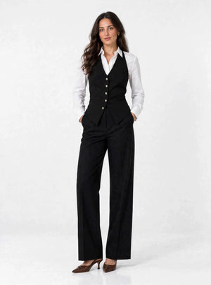 Noir Halter Vest - front view, white shirt under black vest