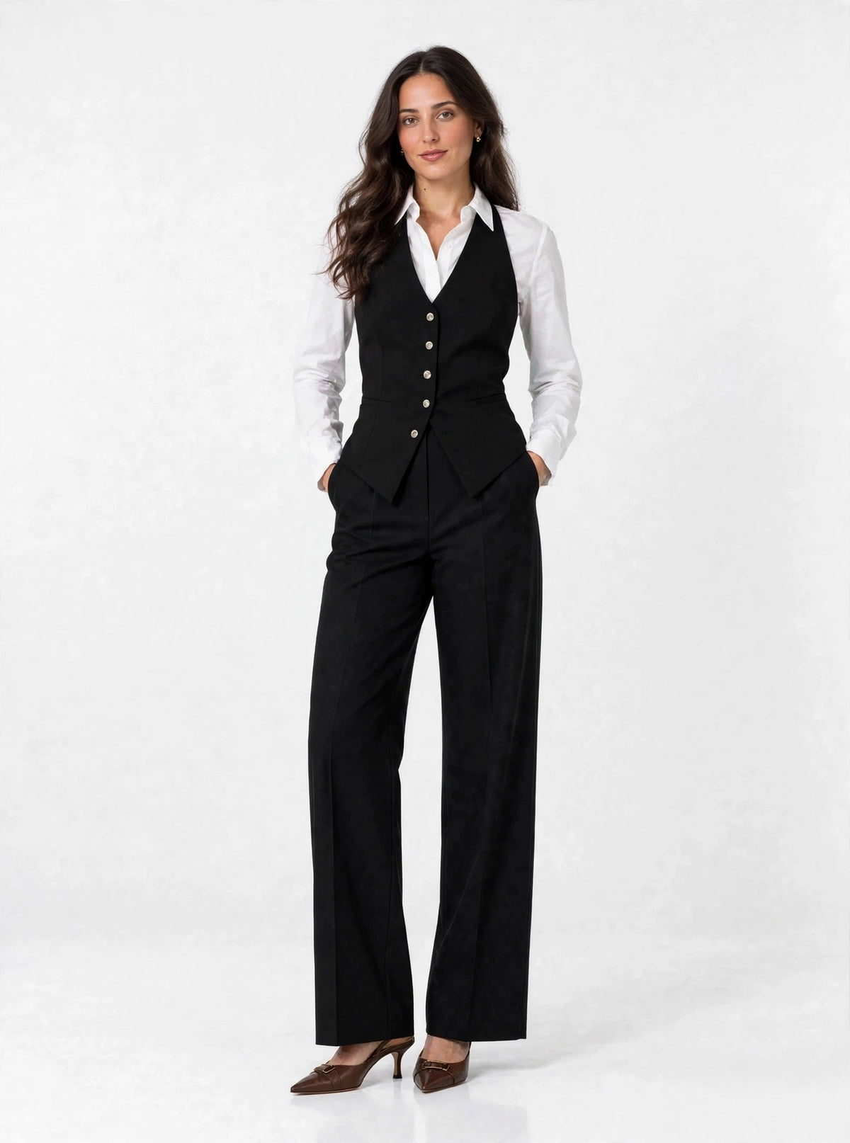 Noir Halter Vest - front view, white shirt under black vest