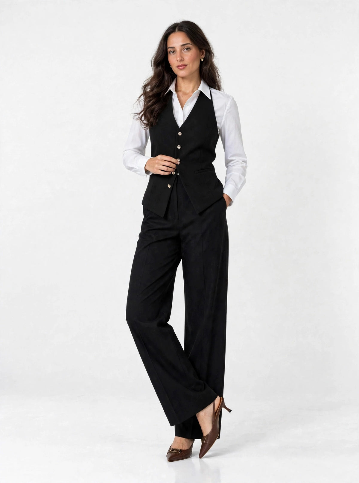 Noir Halter Vest - front, hand on silver buttons