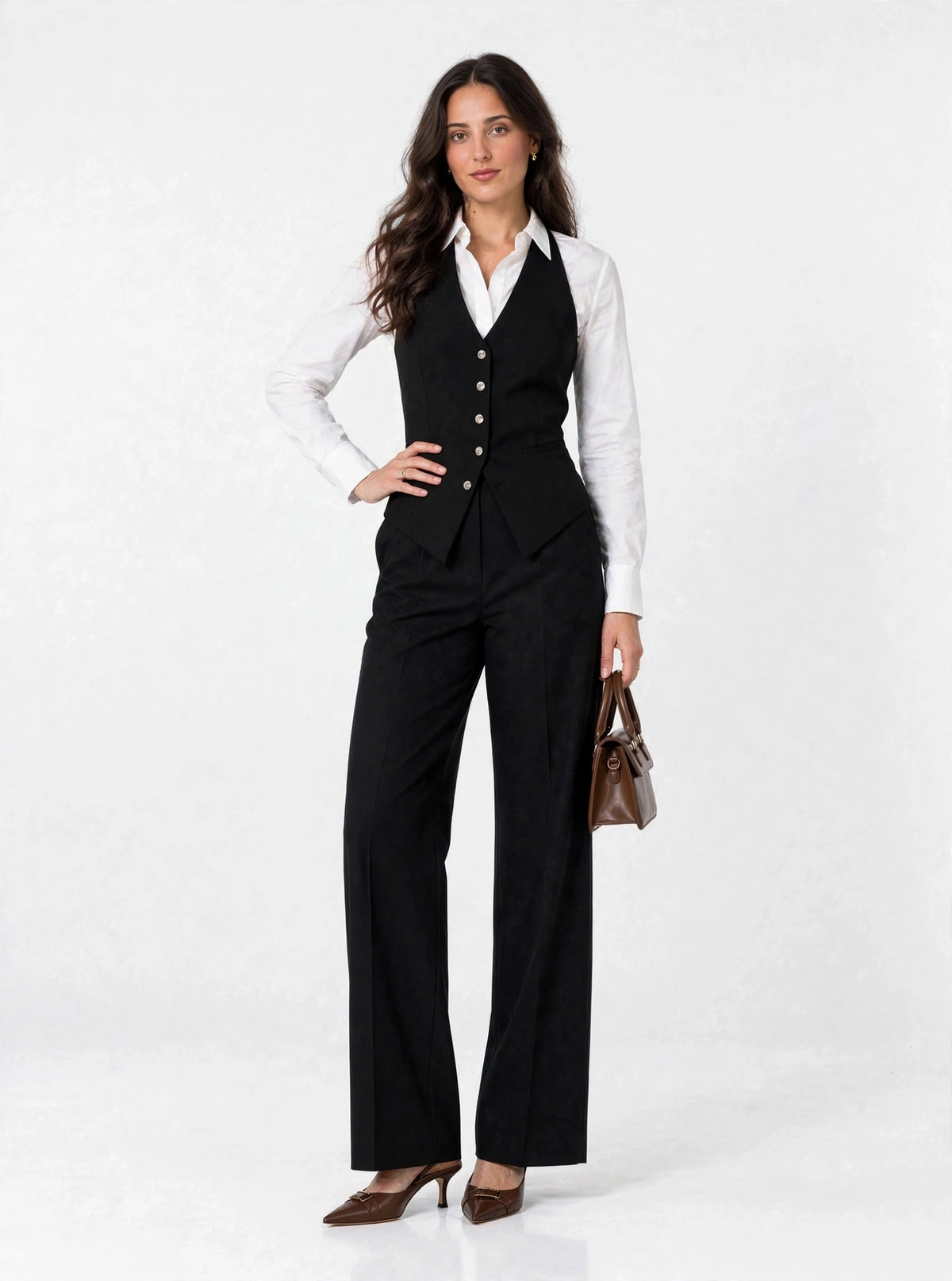 Noir Halter Vest - hand on waist with brown bag